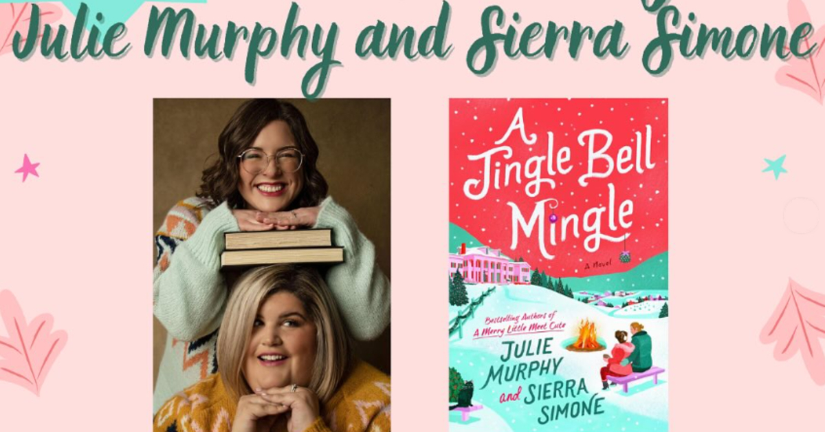 A promotional graphic featuring authors Julie Murphy and Sierra Simone alongside the cover of their book, 'A Jingle Bell Mingle.' On the left, Julie Murphy is seated with Sierra Simone resting her chin on a stack of books, both smiling warmly. On the right, the book cover showcases a festive winter scene with a red sky, a snowy landscape, a cozy fire, and a couple sitting on a bench. The title is written in bold white script, and the authors’ names are displayed below in green and teal text. The background includes soft pastel pink and green accents with stars and leaf illustrations.